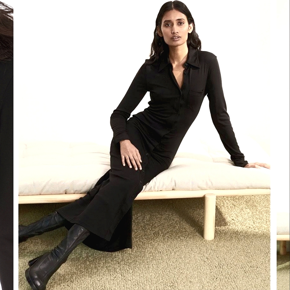 Moda International Black Ribbed Longsleeve Button Front Sweater Midi Dress